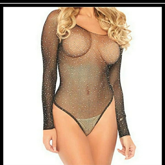 Rhinestone Fishnet Bodysuit Long Sleeve - Picture 1 of 4